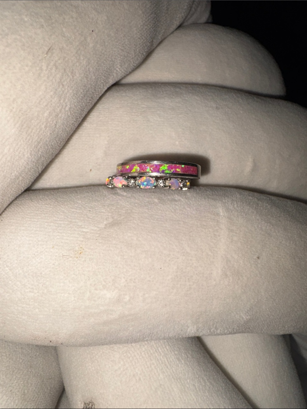 Solid Silver Natural Opal and Opal Inlay Silver Band Ring - Pink Opal